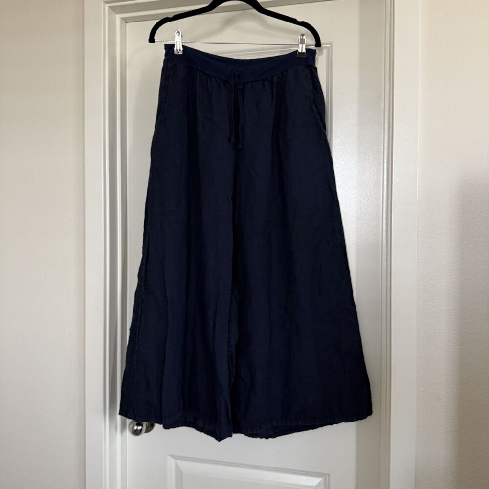 Flax 100% Linen navy blue wide leg pants Small lagenlook boho